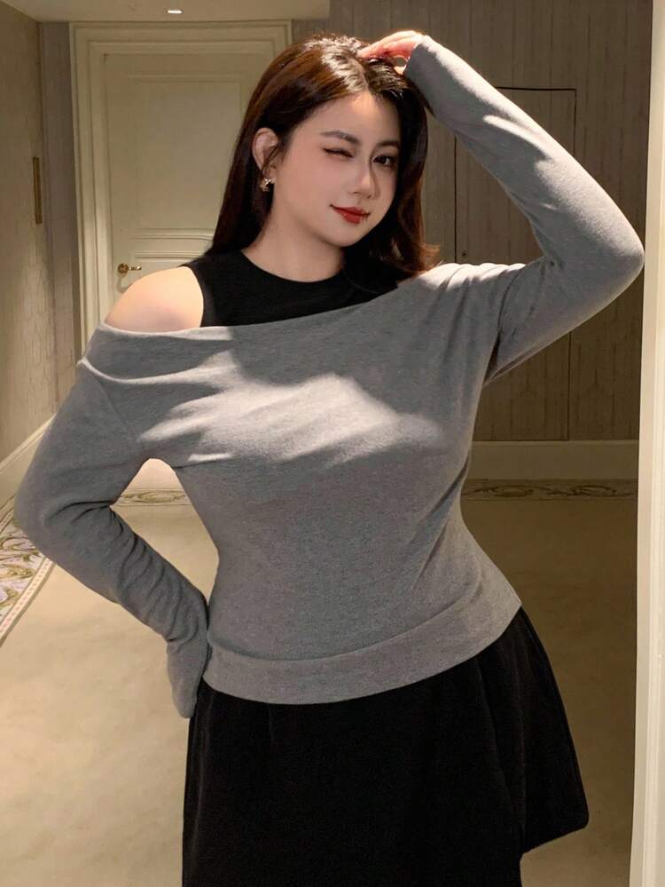 Dazy Plus Plus Size Women Elegant Off Shoulder Long Sleeve 2 In 1 T-Shirt