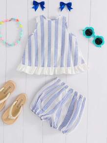 SHEIN Baby Girl Casual Comfortable Round Neck Sleeveless Ruffle Hem Bow Decor Back Top & Shorts Set - Multicolor - View 2