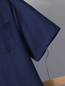 SHEIN 2 件青少年男童休闲舒适纹理针织短袖衬衫和短裤套装，春季服装 - 藏蓝色 - 查看 7