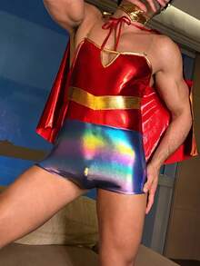 3 件套超级英雄服装套装：仿皮连体衣、头饰和斗篷、修身镂空抹胸，适合酒吧、派对、男士、万圣节 - 彩色 - 查看 1