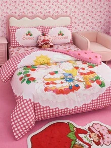 Strawberry Shortcake X SHEIN 3 PiecesStrawberry Print Bedding Set, Soft & Warm, Farmhouse Style, Fits Various Bed Sizes,Gift Ideas - Multicolor - View 7