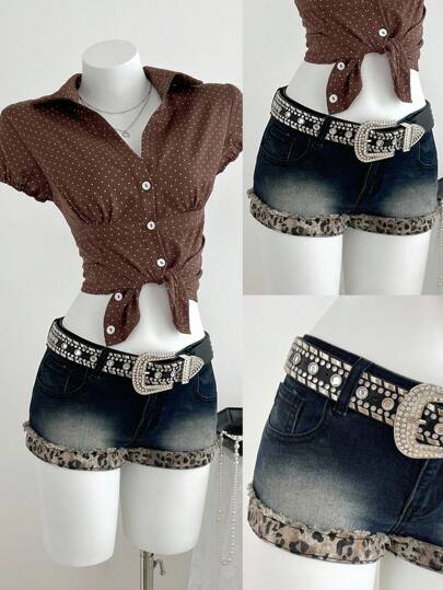 Elamini Women's Summer Fashion Leopard Print Patchwork Low Waist Denim Shorts