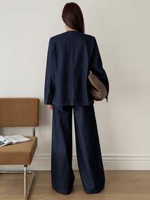 Women's V-Neck Denim Blazer Jacket And Loose Wide-Leg Pants 2 Pieces Casual Denim Suit Set - Medium Wash - View 4