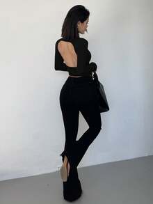 DAZY 女式露背紧身高领长袖T恤 - 黑色 - 查看 5