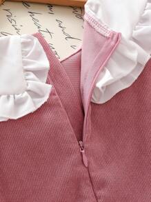 Vestido de niña preadolescente con cuello Peter Pan y decoración de lazo plisado 2 en 1 - Rosa - Ver 8