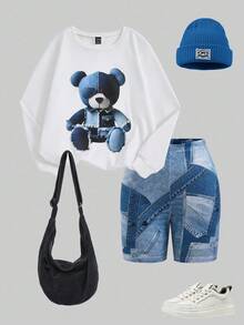 SHEIN 2pcs Women Set, New Design White Crew Neck Sweatshirt With Funny Graphic Print, Panda Graphic Splice, Fitted Short Sleeve Leggings With Digital Print And Splice Pattern, Matching Family Outfit - Multicolor - View 3