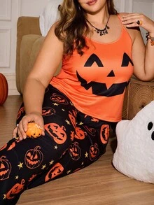 Plus Size Women Halloween Pumpkin Print Cami Top And Pants Pajama Set, For Halloween Party - Multicolor - View 4