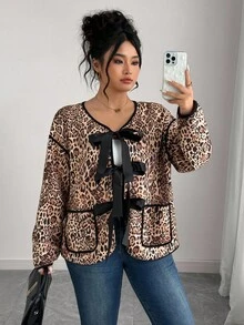 Elenzga Plus Size Women's Leopard Print Contrast Piping Tie Front Loose Jacket, Casual Style For Spring & Autumn Winter Autumn Fall - Multicolor - View 3