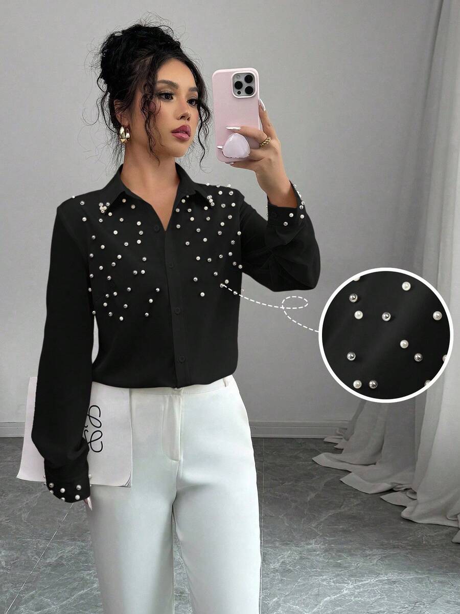 Elenzga 女士杏色仿珍珠拼布长袖衬衫 - 黑色 - 查看 1