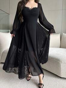 Flirla 优雅蕾丝边泡泡袖连衣裙，收腰，度假，海滩，生日，法式时尚 - 黑色 - 查看 3