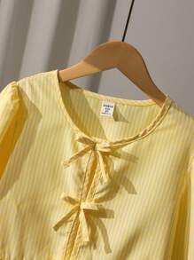 SHEIN Tween Mädchen Lässig Urban gestreiftes Schleifenhemd, geeignet für den Schulanfang