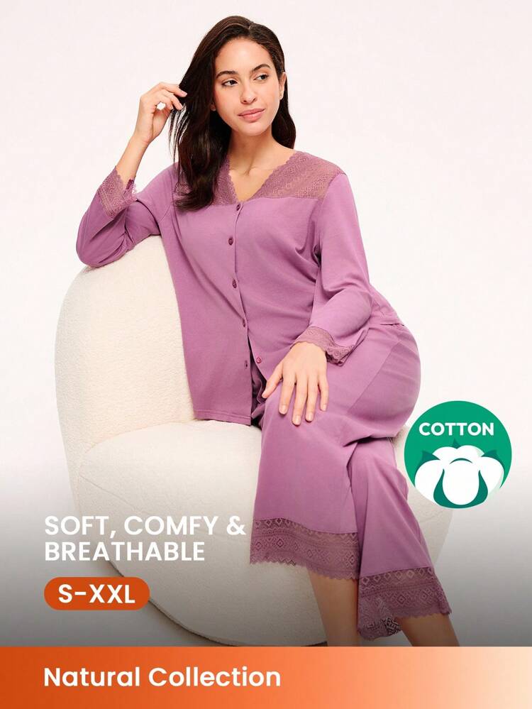 Herbst- und Winterweiche 100% reine Baumwolle Nebel Wald Stil Spitze Eleganz Saum Knopf-Oben Top & Hose Loungewear Damen luftige Pyjama Sets Hosen mit Taschen Romantisch Zuhause Gemütlich Baumwolle Pyjamas