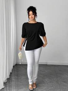 Elenzga Plus Size Women's Elegant Woven Short Sleeve Blue Beaded Decor Fitted Blouse - Black - View 6