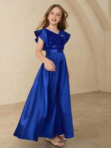 优雅串珠缎面无袖荷叶边女童连衣裙，适合花童、婚礼、舞会、生日派对、圣诞节、万圣节、返校、毕业典礼 - 藍色 - 查看 6