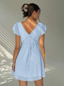 Aloruh 女士优雅性感迷人荷叶边袖 A 字深 V 领露背迷你连衣裙 - 淺藍色 - 查看 3