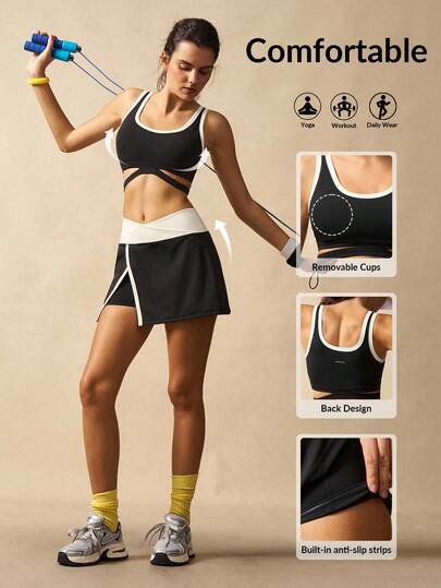 VARSIVA Workout Women Sets Women Sports Suit Includes Contrast Trim Camisole Swimsuit, Cover-Up And Mini Skirt, Fashionable For Summer