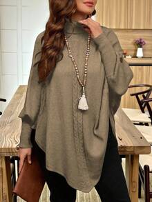 Linhara Poncho de suéter de punto de cable con botón y cuello alto talla grande - Camel - Ver 3