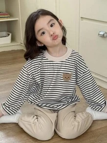Genkimix Kids 2件套少女条纹休闲上衣+纯色休闲慢跑裤套装 - 卡其色 - 查看 1