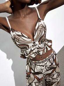 Maija 可调节肩带印花荷叶边下摆弹力后背吊带背心，休闲都市商务风，适合音乐节、万圣节、圣诞派对、波西米亚度假风、假期等场合，女士吊带背心 - 咖啡棕 - 查看 8