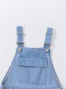 SHEIN 女童蝴蝶结刺绣牛仔背带裤，夏季休闲甜美风格，适合返校季 - 淺色水洗藍 - 查看 5