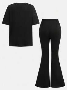 2pcs Tween Girl Casual Everyday Comfortable Patch Decor Round Neck Loose Pullover Short Sleeve T-Shirt And Flare Knit Pants Set - Black - View 7