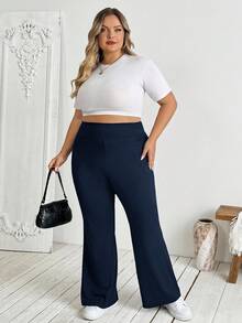 SHEIN CURVE+ 大尺碼女款秋冬開學季休閒家居瑜伽舒適戶外純黑色針織彈性腰高腰口袋喇叭褲，附口袋內搭褲 - 寶藍色 - 查看 4