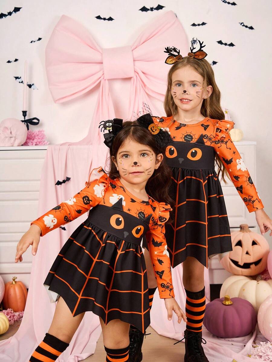SHEIN 小女孩可爱卡通图案长袖连衣裙，适合万圣节派对 - 橘色 - 查看 1