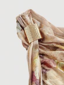 SHEIN MOD 女士优雅花卉印花不对称领口褶饰修身中长连衣裙 - 彩色 - 查看 4