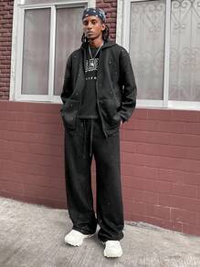 PAVTROS Manfinity Streetrush Men's Suede Fleece Straight-Leg Sweatpants,Glitter Accents Black Baggy Grunge Sweats Streetwear,Winter,Black And White,City Break - Black - View 6