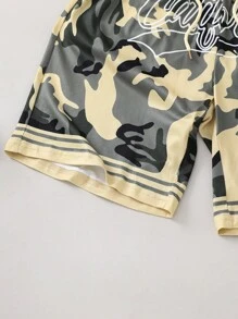 PAVTROS Tween Boy Camo & Letter Graphic Striped Trim Drawstring Waist Shorts