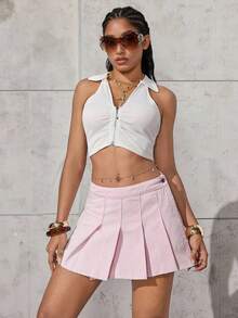 SHEIN ICON Chân váy mini denim xếp ly trơn màu đơn sắc dành cho nữ, mùa hè - Hồng - Xem 6