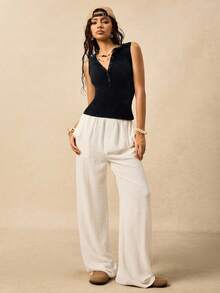 Easelle 休闲复古索环罗纹黑色无袖女式T恤 - 黑色 - 查看 4