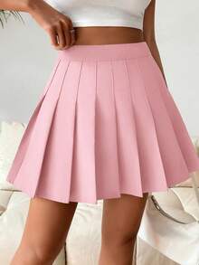 SHEIN PETITE 纯色褶皱优雅休闲通勤 Y2K 学院风女士褶皱裙、女式裤裙、女式短裤、春夏 - 粉色 - 查看 3