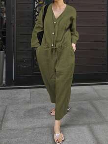 INAWLY Bộ đồ liền thân dài tay rộng rãi tối giản thời trang dành cho nữ, thích hợp cho kỳ nghỉ - màu xanh lá - Xem 2