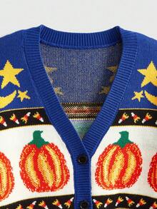 ROMWE Fairycore Women's Vintage Halloween Pumpkin, Black Cat, Moon & Star Jacquard V-Neck Cardigan - Navy Blue - View 3