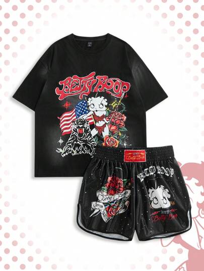 Betty Boop | ROMWE Men's 2pcs Casual Letter & Figure Graphic Round Neck Short Sleeve T-Shirt And Shorts Set, Summer