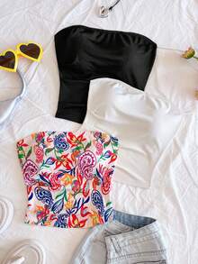 Soleia Conjunto de 3 tops de tubo bohemios de verano para salir, ropa occidental, para conciertos, rave y festival: top con estampado de paisley retro y textura acanalada color albaricoque, y top acanalado negro corto de punto para vacaciones - Multicolor - Ver 5