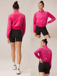 GLOWMODE Thin Velvet Cropped Bomber Sweatshirt With Rhinestone Logo Daily Casual - Tropical Pink - View 7