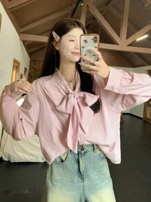 DAZY Blusa de manga larga con rayas y lazo estilo coreano para mujer, primavera/otoño - Rosa Pálido - Ver 6