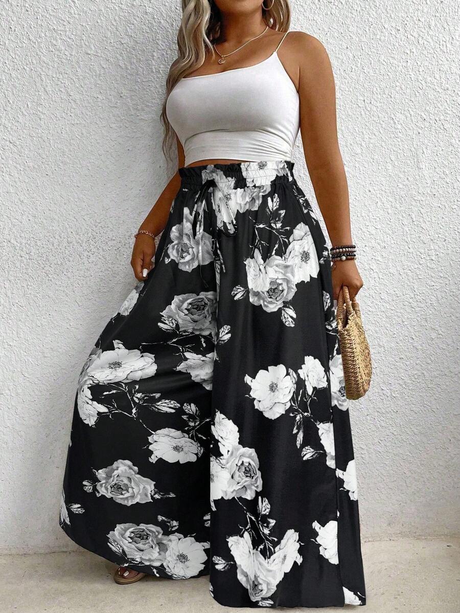 SHEIN LUNE Plus Size Floral All-Over Print Tie Front Casual Pants Fall Cloth For Women - Grey - View 1