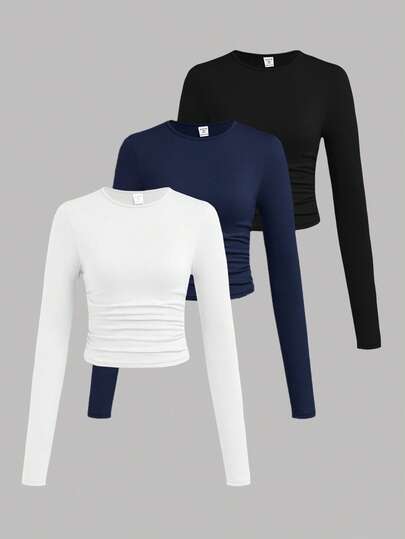SHEIN Girlism Set da 3 magliette a girocollo a maniche lunghe con arricciature, colore unito, per ragazze adolescenti