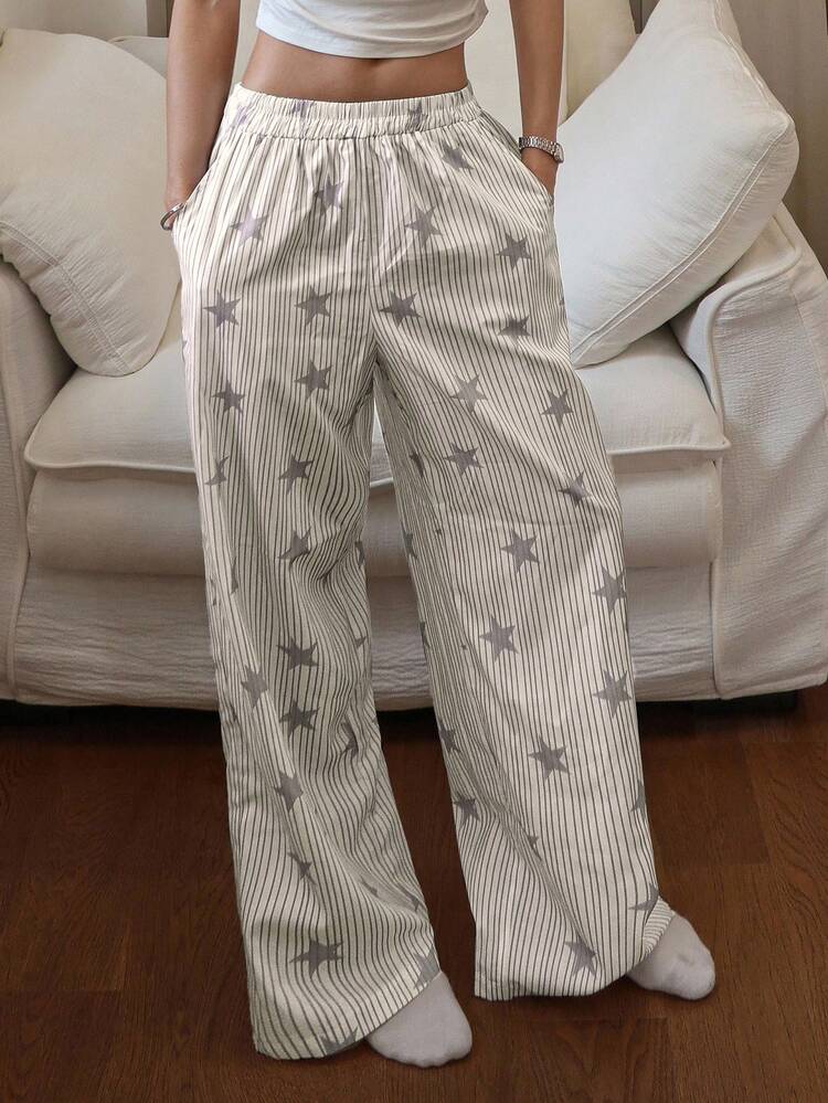 Striped & Star Print Loose Women Pajama Bottoms, Fall, Winter