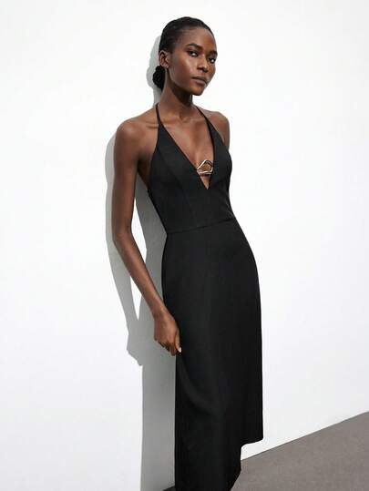 Maija Women's Fashionable Solid Color Metal Ring Dress Halloween Costumes   Party Dress Elegant Dresses For Party Halloween Costumes Christmas Women's Clothing  Party Dress   Black Dress