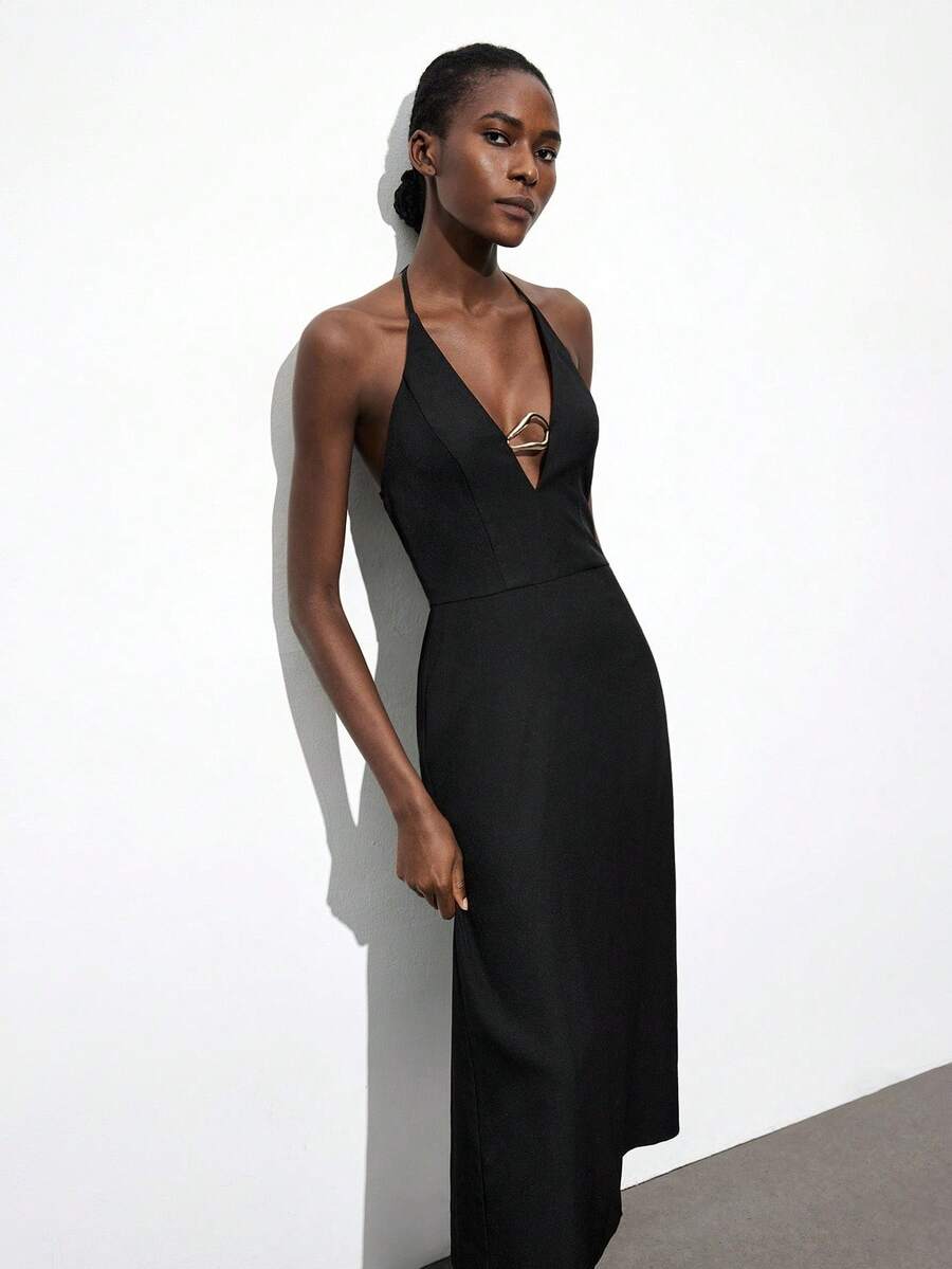 Maija 女式时尚纯色金属环连衣裙 - 黑色 - 查看 1