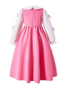 Girls Ruffle Collar 2 In 1 Pleated Bow Long Dress, Back To School Spring/Autumn Dress - Pink - View 2