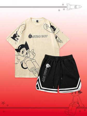 Astro Boy X ROMWE Men's Casual Cartoon Figure Graphic T-Shirt Paired With Sports Shorts, Suitable For Spring & Summer