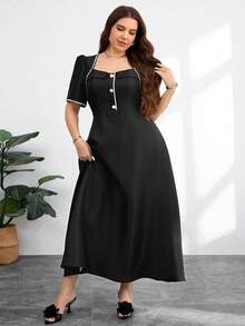 Modelyn Plus Size Women V-Neck Short Sleeve Ruched Flared Hem Jacquard Elegant Luxurious Formal Evening Dress - Black - View 7