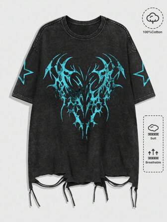 Grunge Punk Herren Rundhals Kurzarm modischer, retro, bequemer und atmungsaktiver Snow Washed T-Shirt, 2000er Jahre Stil