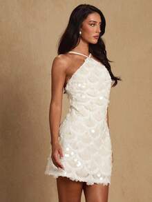 Glamine Women's Solid Color Spaghetti Strap Sleeveless Sequin Embellished Mini Dress White Sequin Dress White Mini Dress White Halter Dress White Party Dress White Reception Dress Sequins Dresses For Women Gala Dress Unique Dress Glamorous Gown