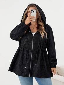 SHEIN CURVE+ Women's Plus Size Front Zipper Long Sleeve Hooded Jacquard Windbreaker Jacket, Casual Everyday Wear, Autumn Winter Fall/Autumn /Winter - Black - View 7